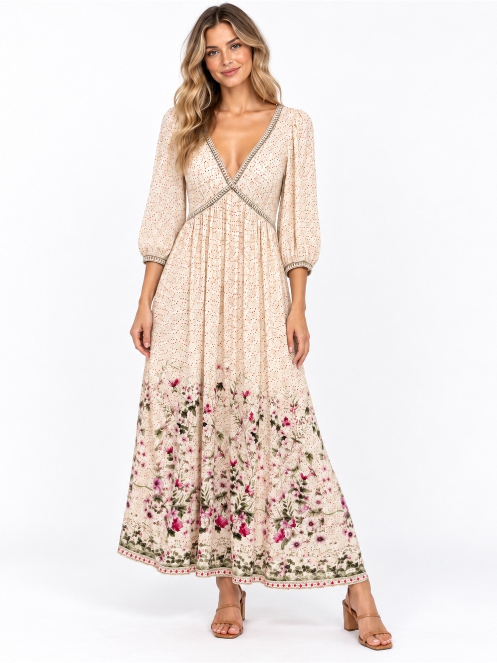 Max Studio London Cream Floral Maxi Dress M Boho Cottagecore Prairie Dress